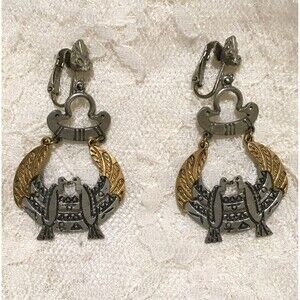 Vintage ART Earrings Egyptian Revival Clip Ons Gold Silver Tones Dangly Art Deco